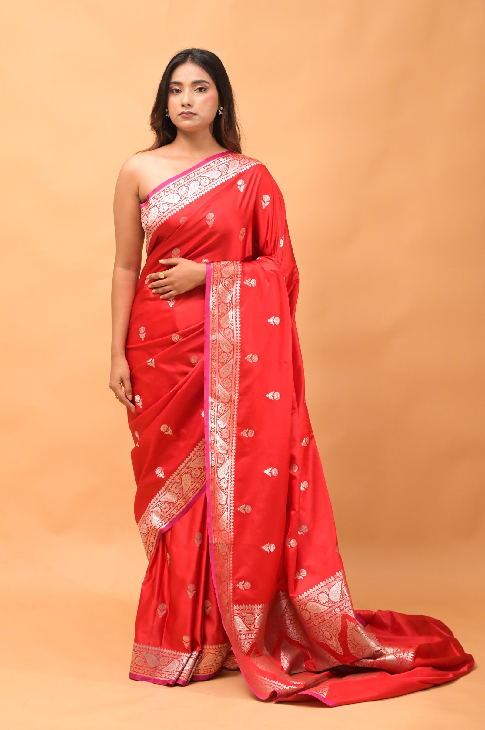 Red Banarasi Katan Mashroo Silk Saree with Silver Zari Buti & Paisley Border